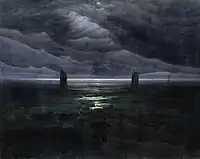 Seashore by Moonlight (1835–36). 134 × 169&nbsp;cm. Kunsthalle, Hamburg. His final "black painting", Seashore by Moonlight, is described by William Vaughan as the "darkest of all his shorelines."