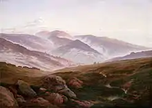 The Giant Mountains (1830–1835). 72 × 102&nbsp;cm. Alte Nationalgalerie, Berlin. Friedrich sought not just to explore the blissful enjoyment of a beautiful view, as in the classic conception, but rather to examine an instant of sublimity, a reunion with the spiritual self through the contemplation of nature.