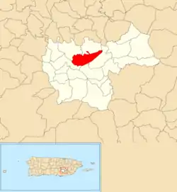 Location of Cayey barrio-pueblo within the municipality of Cayey shown in red