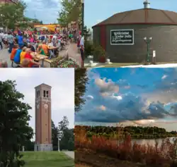 Top left clockwise: Downtown Cedar Falls, Ice House Museum, Campanile on the University of Northern Iowa Campus, and Big Woods Lake Recreation Area