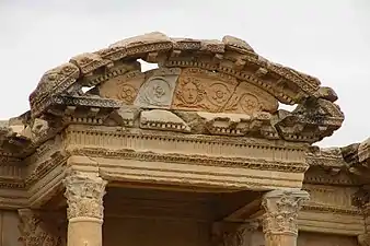 Ancient Roman segmental pediment of the Library of Celsus, Ephesus, Turkey