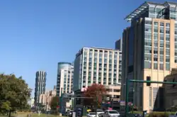 Skyline of the Central West end as seen from Forest Park. The building on the far left is an apartment building and the buildings on the right are a part of the Barnes-Jewish Hospital complex.