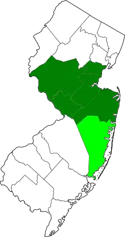 Central Jersey counties in New Jersey highlighted in green: Middlesex, Monmouth, Mercer, Somerset, Hunterdon, Union counties