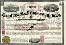 Central Pacific Railroad $1000 first mortgage bond issued January 1, 1867, to finance the construction of the transcontinental railroad, principal and interest payable in gold in New York, original signed by Leland Stanford as president of the railroad company