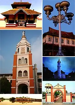 Top left: Vazhappally Maha Siva Temple. Top right: Anchu Vilaku Lamps. Middle left: Saint Berchmans College. Middle right: Saint Mary's Metropolitan Cathedral. Bottom left: Vandipetta Boat Jetty. Bottom right: Main gate in Nair Service Society Headquarters.