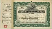 Stock certificate of the film studio founded by Charlie Chaplin in Hollywood on 13 March 1918, issued in Los Angeles on 16 April 1918, signed in the original by Charlie Chaplin as President