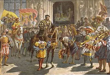 Emperior Charles V visits the cathedral in 1552. Behind him is the portal of Saint Laurent.