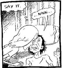 A black-and-white cartoon panel. A long-haired boy leans over the bed of a woman. In a thought balloon the boy thinks "Say it!" The woman groans "...NNN..."