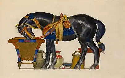 Drawing of a Horse Drinking; c. early 20th-century, pencil, watercolour and gouache on paper laid on cardboard, 33 × 49 cm, private collection.