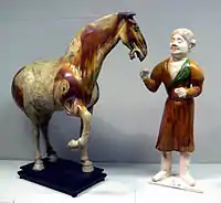 Tang dynasty tomb figure in sancai glaze pottery, horse and groom (618–907)