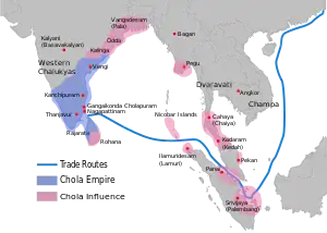 Map showing the greatest extent of the Chola empire c. 1030 under Rajendra Chola I: territories are shown in blue, subordinates and areas of influence are shown in pink.