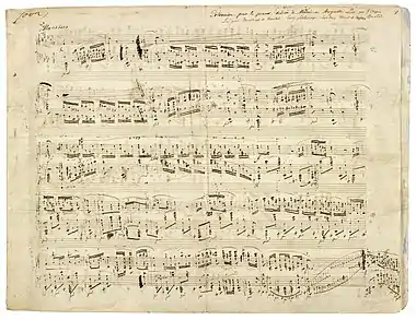 Image 10Polonaise in A-flat major, Op. 53 (Chopin)Sheet music for the Polonaise in A-flat major, Op. 53, a solo piano piece written by Frédéric Chopin in 1842. This work is one of Chopin's most admired compositions and has long been a favorite of the classical piano repertoire. The piece, which is very difficult, requires exceptional pianistic skills and great virtuosity to be interpreted. A typical performance of the polonaise lasts seven minutes.More selected pictures