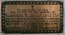 This brass plaque is in memory of Major General William Heape Kay of the Royal Artillery who began his Indian service at Mhow in 1896 and subsequently died in an accident here in 1929