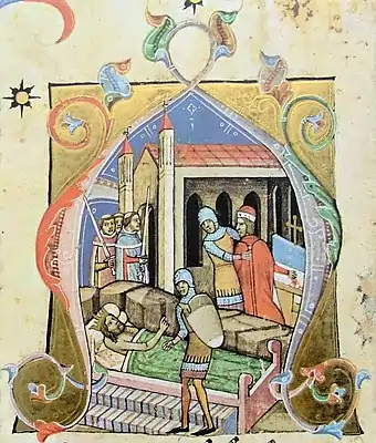 Chronicon Pictum, Hungarian, Hungary, King Coloman, sick, ill, Prince Álmos, blind, capture, Dömös, chruch, soldiers, monks with sword, medieval, chronicle, book, illumination, illustration, history