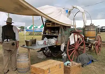 A historical recreation of a chuckwagon at the Texas Parks and Wildlife Exposition in Austin, Texas