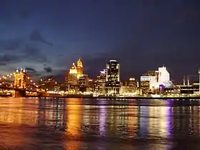 Cincinnati skyline showing the John A. Roebling Suspension Bridge to Covington, Kentucky.