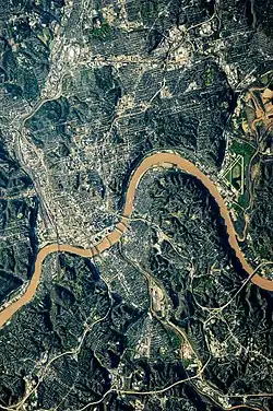 A NASA image of the Cincinnati metropolitan area. The Ohio River separates the states of Ohio and Kentucky.