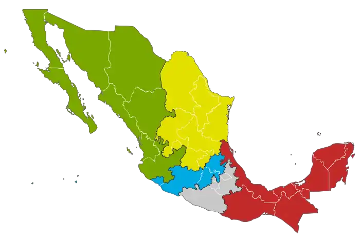 Mexico divided into the five electoral regions