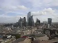 The City of London skyline as viewed from St Paul's Cathedral, October 2022. The tallest building shown here is 22 Bishopsgate at 278m, which topped out in 2019. Since its construction the famous "Gherkin" building is no longer visible from this angle. There are currently four towers in this cluster that are above 200m tall with two more approved to be constructed, 1 Undershaft at 290m tall and 100 Leadenhall at 249m tall, by 2026. Also shown in the far distance on the left is the emerging cluster in Stratford