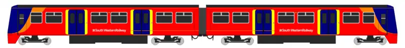 drawing of a two-car Class 456 in SWR livery