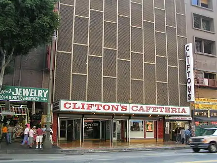 Clifton's Cafeteria in 2005, before its mid-century fronting was removed