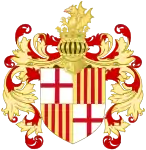 Barcelona coat of arms (17th-18th Centuries) with the Royal Winged Dragon (Vibra) crown and the helmet