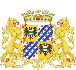 Two golden lions hold a crowned shield with a multicolored decoration