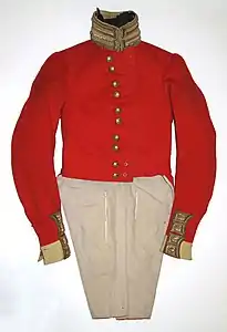 96th Regt full dress coatee worn by Lt Col William Hulme.Auckland Museum