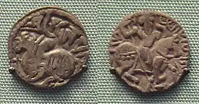 Some of the earliest coinage of the Hindu Shahis. Obverse: Recumbent bull, with Nagari legend: Sri SpalapatiReverse: horserider with corrupted Bactrian script:ςρι ςπaλaπaτι Sri Spalapatii.e. "Lord Commander-in-chief". of Hindu Shahis
