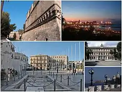 From top, left to right: Swabian Castle, Top right: Night in Pane e Pomodoro Beach, Bottom left: Ferrarese Square, Bottom upper right: Bari University in Andrea da Bari street, Bottom lower right: View of Punta Perotti seaside area