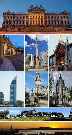 Top: Legislative Palace of Uruguay, Second: Solis Theater, Obelisk of Montevideo, Mercado Agrícola de Montevideo&nbsp;[es] (left to right), Third: Telecommunications Tower, Palacio Salvo, Montevideo Carmelitas Church (left to right), Fourth: La Carreta Monument, Bottom:View of Fortaleza del Cerro, from Montevideo Port