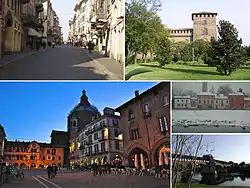 Top left: Corso Strada Nuova (Pavia New Avenue), main shopping area in Pavia, Top right: Veduta laterale del Castello Visconteo (Pavia Visconti Castle), Bottom left: A view of the city's Cathedral from the Piazza della Vittoria (Vittoria Square), Bottom Upper right: Fiume Ticino, Bottom lower right: Ponte Coperto (Coperto Bridge) and Ticino River