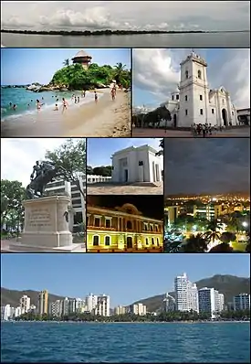 Top: Panorama of the Cienaga Grande de Santa Marta, 2nd left: Mirador in Cabo San Juan del Guia, Tayrona Natural Park, 2nd right: Santa Marta Cathedral, 3rd left: Statue of Simon Bolívar in Quinta of Saint Pedro Alejandrino, 3rd upper middle: Colombian National Pantheon in Barrio Mamatoco, 3rd lower middle: Santa Marta City Hall, 3rd right: Tribute to the Tayrona Ethnicity Square, Bottom: Panorama of Acuatico El Rodadero Park, from the Gaira area