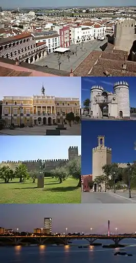 Top: Plaza Alta (High Square), Second left: Ayuntamiento de Badajoz (Badajoz City Hall), Second right: Puerta de Palmas (Palms Gate), Third left: Alcazaba de Badajoz, Third right: Torre de Espantaperros (Scaredogs Tower), Bottom: A twilight view of Guadiana River and Badajoz Royal Bridge