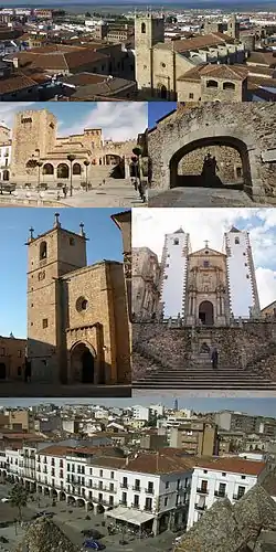 Top: Panorama view of heritage area, Alto Park of Cáceres, from Cáceres Cathedral, Second: Bujaco Tower (Torre de Bujaco), The Estrela Arch (Arco de Estreda), Third: Cáceres Cathedral, San Francisco Javier Church, Bottom: Panorama view of Cáceres from Pulpitos Tower (Torre de los Púlpitos), (all items from left to right)