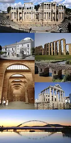 Collage of Mérida, Top: Mérida Ancient Roman Theater, Second left: Asamblea de Extremadura (Extremadura Assembly), Second right: Acueducto de Los Milagros (Los Milagros Aqueduct), Third left: A interior of Mérida National Roman Art Museum, Third upper right: Mérida Roman Bridge, Third lower right: Templo de Diana (Diana Temple), Bottom: A night view of Lusitania Bridge and Guadiana River