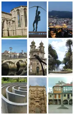 Left: Ruins of the Gothic church of St. Dominic, Burgo Bridge and Lérez River, Labyrinth art monument in the Island of Sculptures Park Middle: Teucer statue, Church of the Pilgrim Virgin and Ravachol Parrot, Pontevedra Basilica of Saint Mary Major Right: A twilight view of Pontevedra, from A Caeira area, A fountain in the Palm Trees Park, Leña Square (All items were above to bottom)