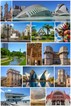 From left to right and from top to bottom: the tower of the church of Santa Catalina, the City of Arts and Sciences, the Town Hall square, a barrack in l'Albufera, a falla in the Town Hall square, the Turia garden, La Seda, the Serrans towers, the Palace of the Generalitat Valenciana, the Oceanogràfic, the cathedral, the port, Malva-rosa beach and the Colón market