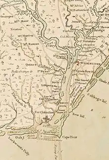 A map depicting a stretch of the Cape Fear River approximately 18 miles long between its mouth and where the river divides into two branches