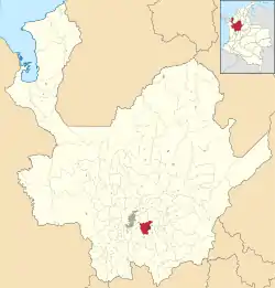 Location of the city (Marked in red) in the Antioquia region of Colombia