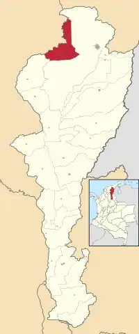 Location of the municipality and town of Pueblo Bello in the Department of Cesar.
