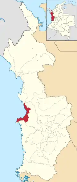 Location of the municipality and town of Nuquí in the Chocó Department of Colombia.