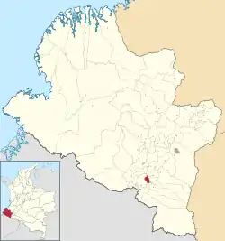Location of the municipality and town of Gualmatán in the Nariño Department of Colombia.