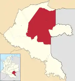 Location of the town and municipality of Mitú in the Department of Vaupés.