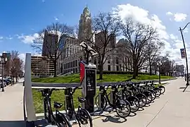Columbus City Hall and LeVeque Tower from the CoGo bikeshare station on Marconi Boulevard