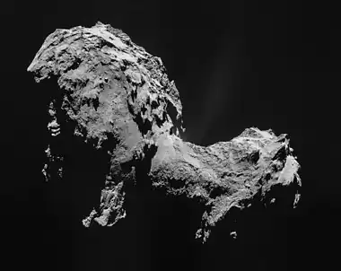 Image 1867P/Churyumov–GerasimenkoPhotograph: ESA/Rosetta/NAVCAMA black-and-white photographic mosaic depicting the comet 67P/Churyumov–Gerasimenko, as photographed by the probe Rosetta. This Jupiter-family comet, which was originally from the Kuiper belt, is about 4.3 km (2.7 mi) across, has a current orbital period of 6.45 years, a rotation period of approximately 12.4 hours, and a maximum velocity of 135,000 km/h (38 km/s; 84,000 mph). It was first observed on photographic plates in 1969 by Soviet astronomers Klim Churyumov and Svetlana Gerasimenko, after whom it is named.More selected pictures