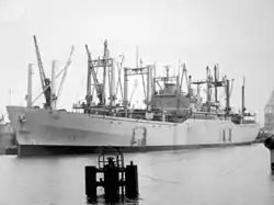 USNS Comet moored pierside at Bremerhaven, Germany, April 1976.