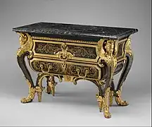 Baroque commode; by André Charles Boulle; c.1710-1732; walnut veneered with ebony and marquetry of engraved brass and tortoiseshell, gilt-bronze mounts, antique marble top; 87.6 x 128.3 x 62.9&nbsp;cm; Metropolitan Museum of Art (New York City)