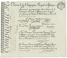 Stock certificate of the Compagnie Royale d'Afrique for 1,000 livres, issued on 30 December 1790 in Marseille. The founding of the colonial company in 1741 by King Louis XV only came about thanks to the initiative of the minister Jean-Frédéric Phélypeaux, comte de Maurepas, after he gave the Marseille Chamber of Commerce an important role in the formation of the company's capital and in its administration. The Compagnie Royale d'Afrique, which existed until 1794, was the only company of the Ancien Régime that paid dividends to its shareholders thanks to its Algerian monopoly on wheat and coral.