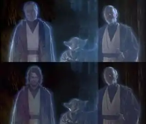 Two images, stacked vertically, of the same scene showing Anakin Skywalker, Yoda, and Obi-Wan Kenobi. The top image shows an older man as Anakin. The bottom image shows a younger man as Anakin.